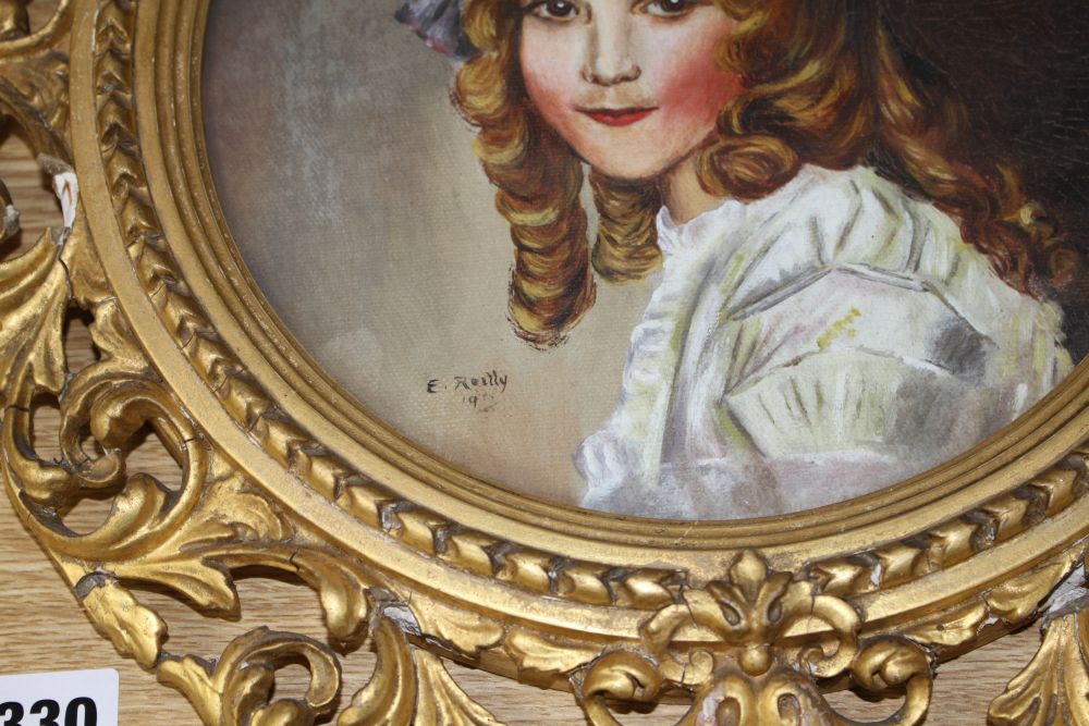 A gilt framed oil portrait of a young lady signed E. Reilly, diameter 22cm, overall 40cm, and two woolwork floral panels, 37 x 26cm